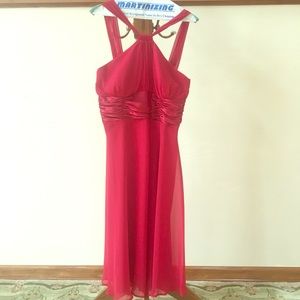 Red, halter top tea-length dress